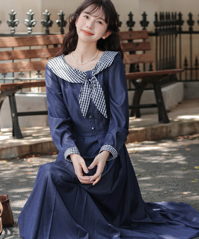 ギンガムチェック襟ボックスプリーツワンピース