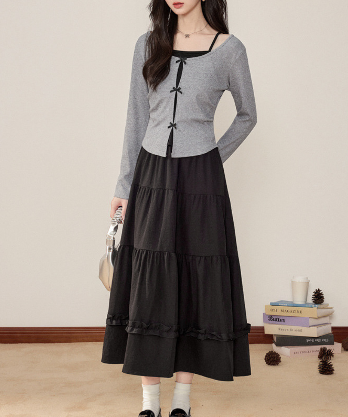 リボンフェイクレイヤードトップス＋ティアードフリルスカート 2点セット