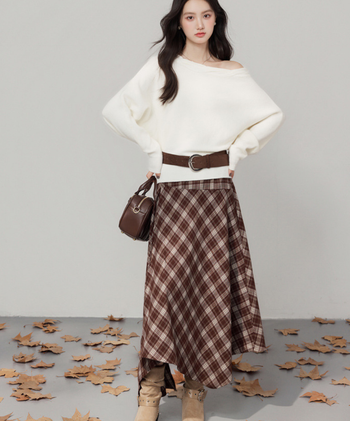 オフショルダーニット＋チェックアシンメトリースカート 2点セット