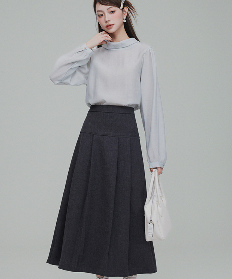 バックリボンブラウス＋無地ノースリーブベスト＋フレアタックスカート 3点セット
