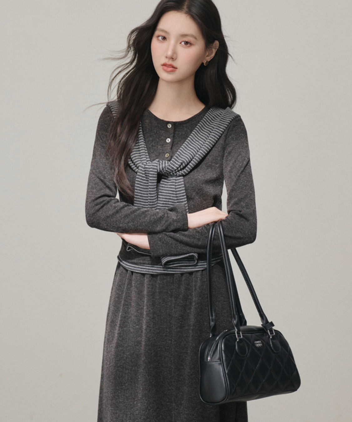 ヘンリーネックニット＋ロングスカート＋フード付きボーダーショール 3点セット