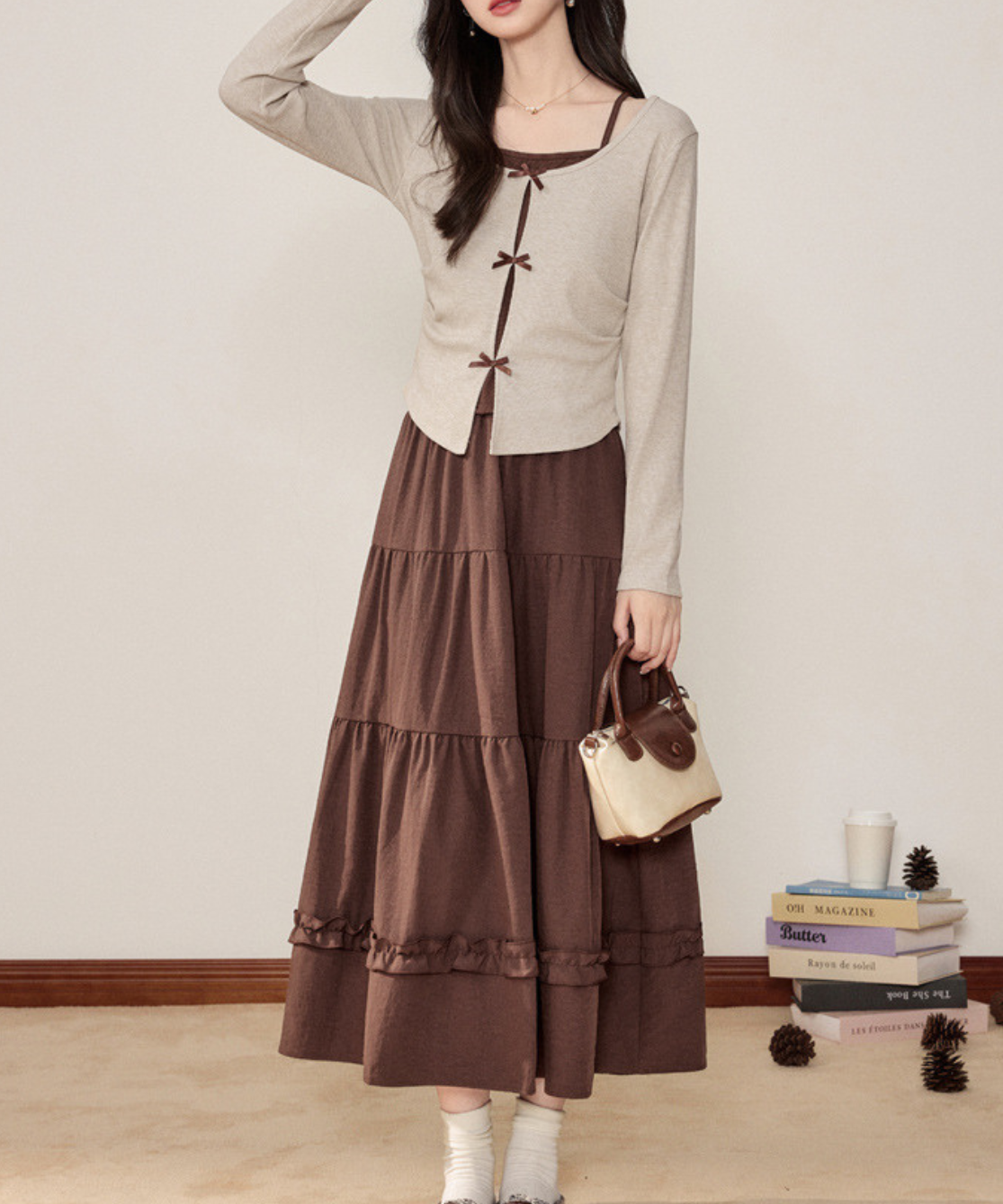 リボンフェイクレイヤードトップス＋ティアードフリルスカート 2点セット