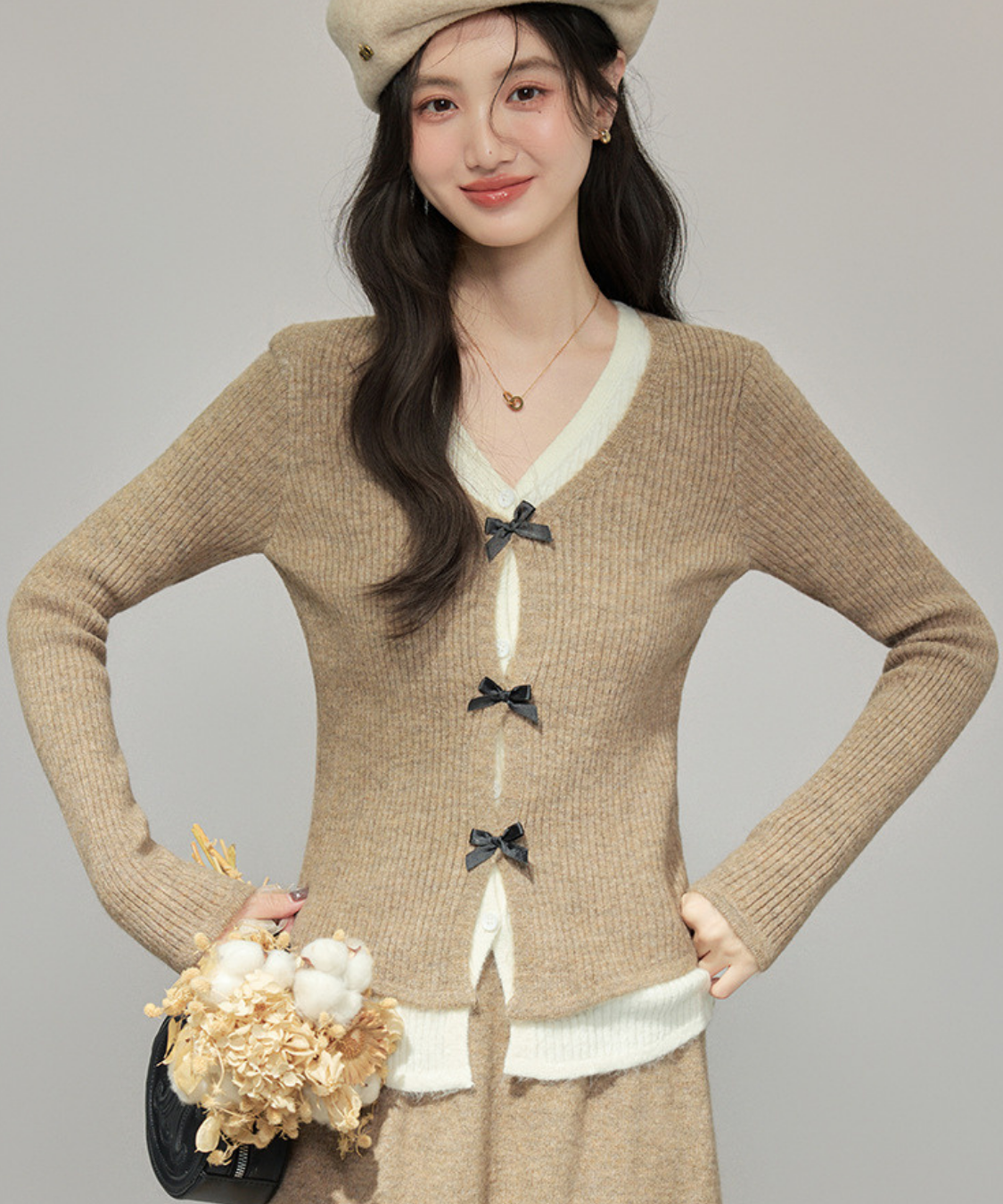 フロントリボンリブカーデ＋ロングニットスカート 2点セット