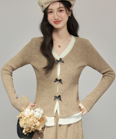 フロントリボンリブカーデ＋ロングニットスカート 2点セット