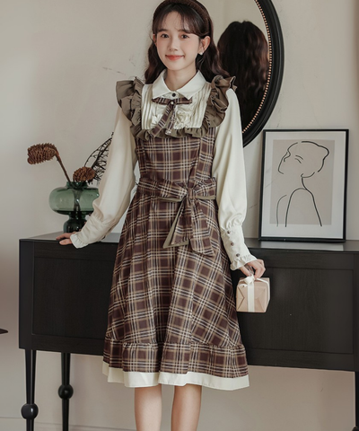 ピンタックブラウスドッキングチェック柄ワンピース