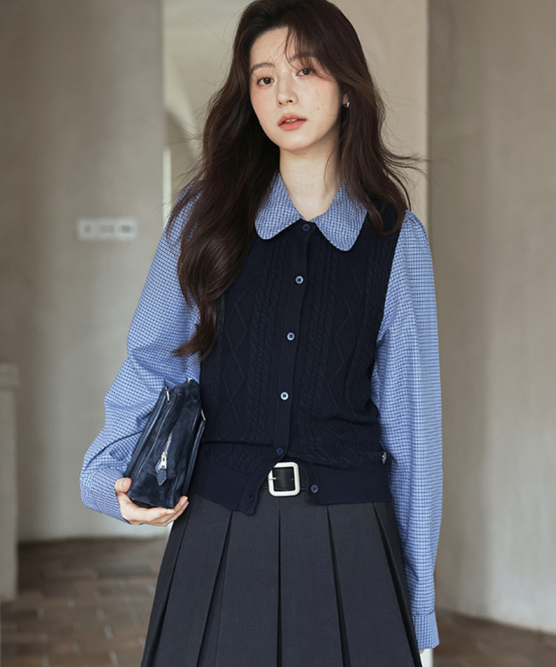 襟取り外し可能ベスト風ニットドッキングシャツ