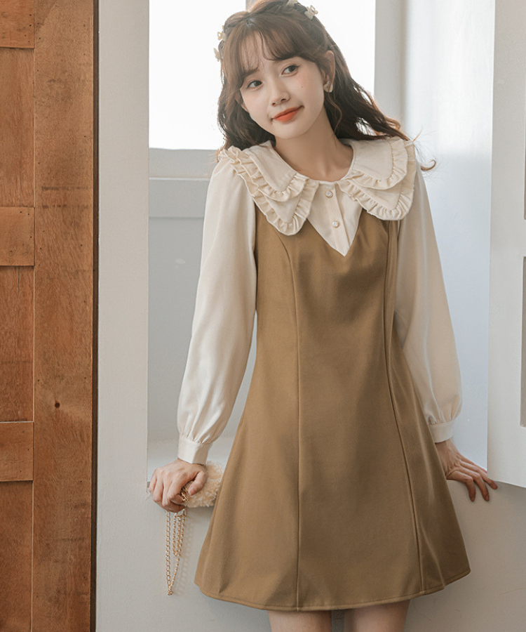 ダブルフリルカラーブラウス風Aラインフェイクレイヤードミニワンピース