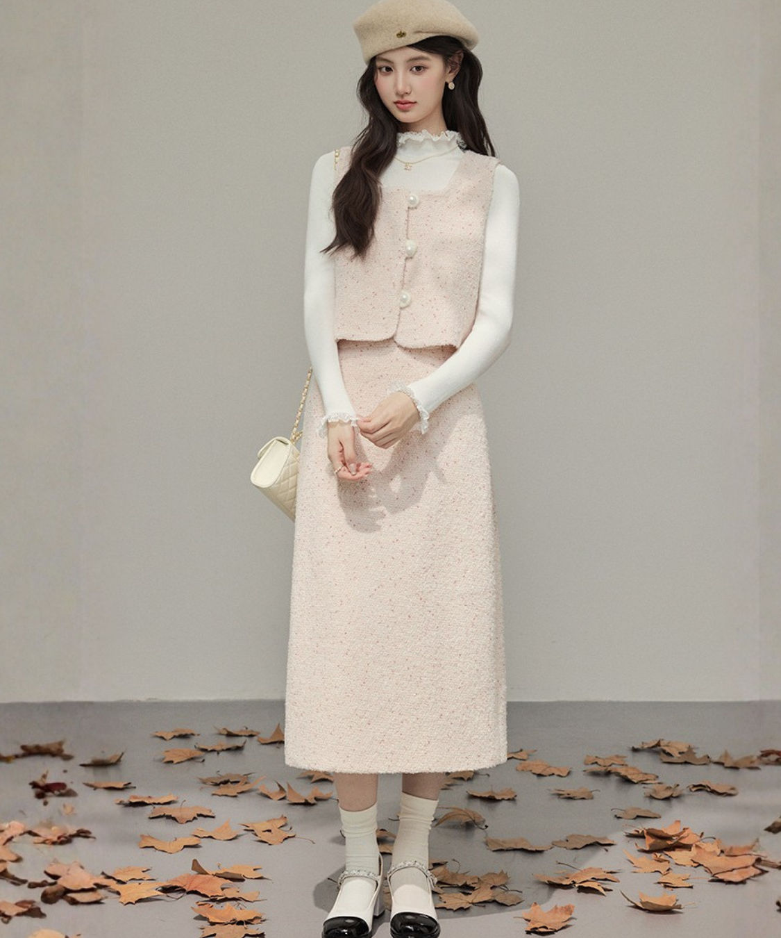 パールボタンベスト＋Iラインスカート 2点セット