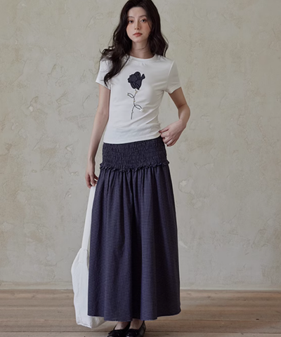 ワンポイントチェックフラワープリントTシャツ
