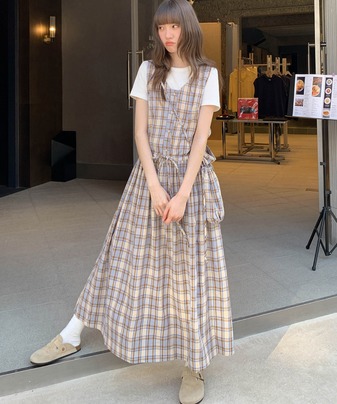 巾着バッグセットレースVネックチェック柄ワンピース