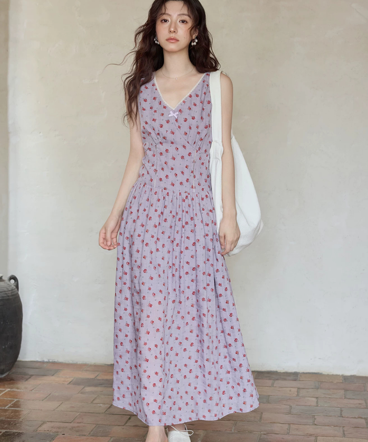美品◇LEONARD トリム 花柄 ワンピース 肩スリット入り 細見え◎ 美品