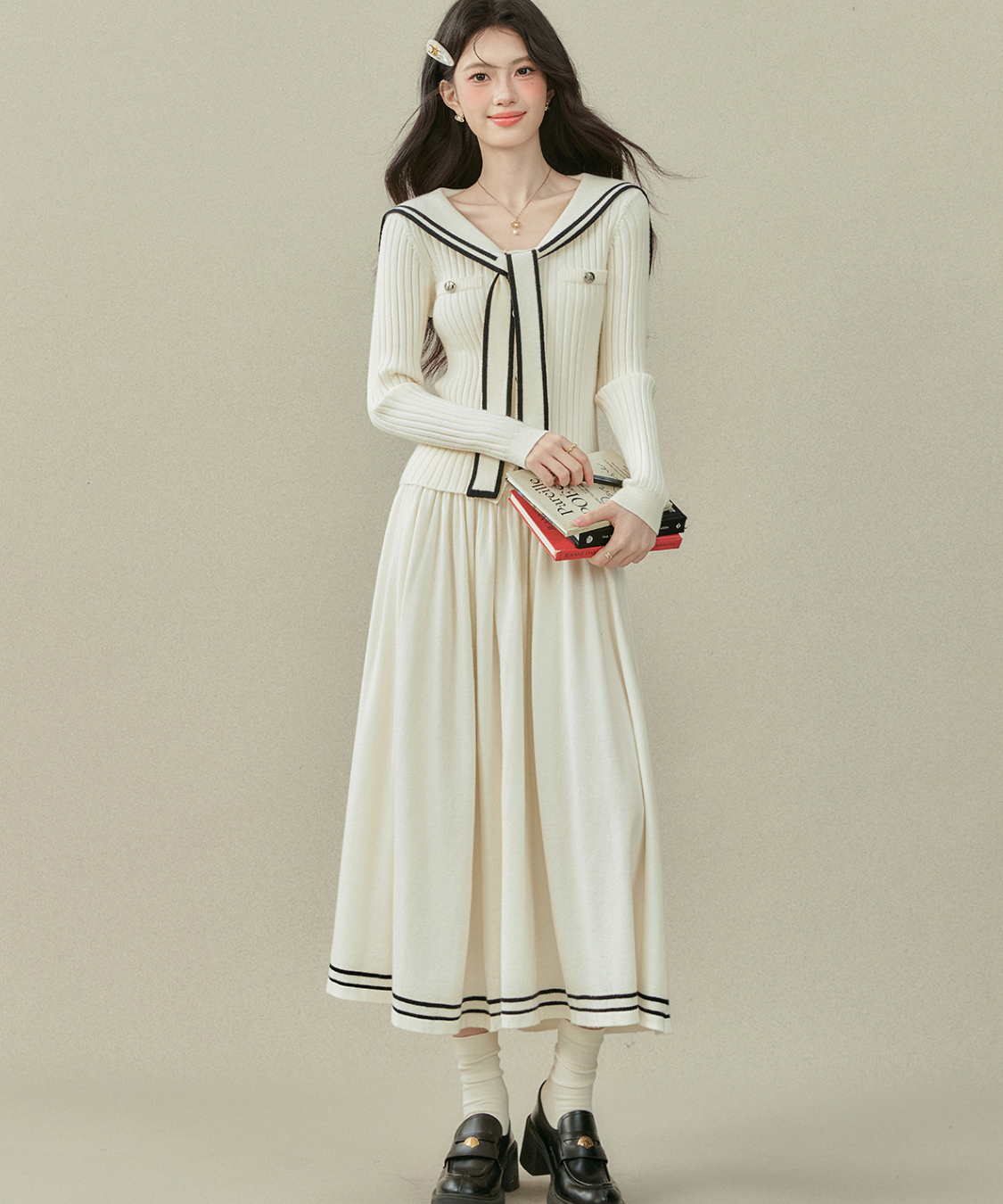 リボンタイ付きセーラーカラーニットトップス＋Wラインスカート 2点セット