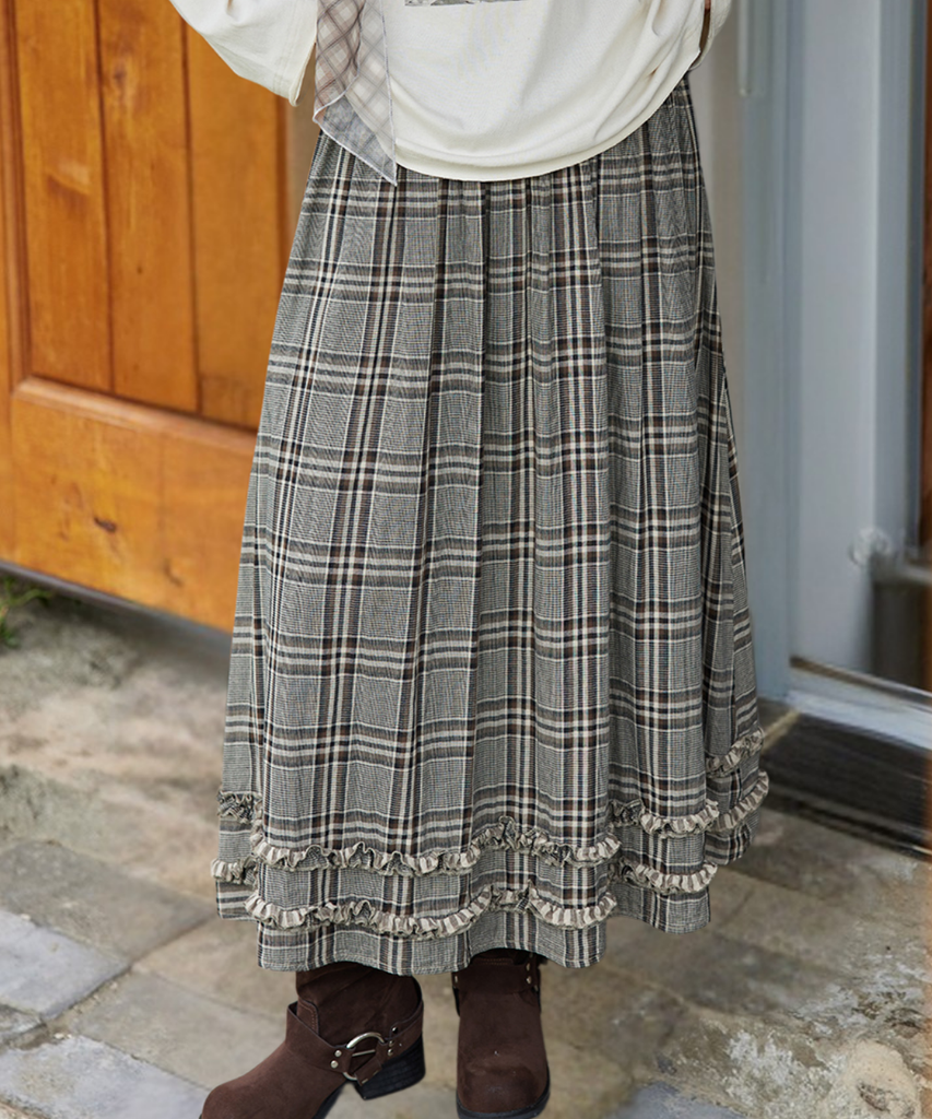 チェック柄フリル袖ロングスカート チェック柄Wフリルロングスカート– jemiremi（ジェミレミ）