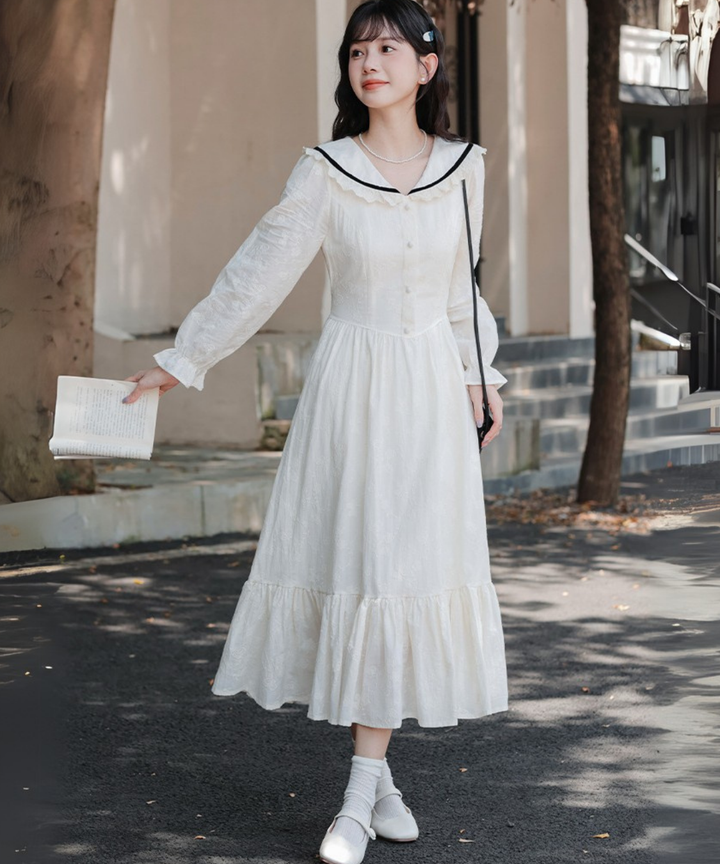 フリル付き配色ラインセーラーカラーワンピース – jemiremi（ジェミレミ）