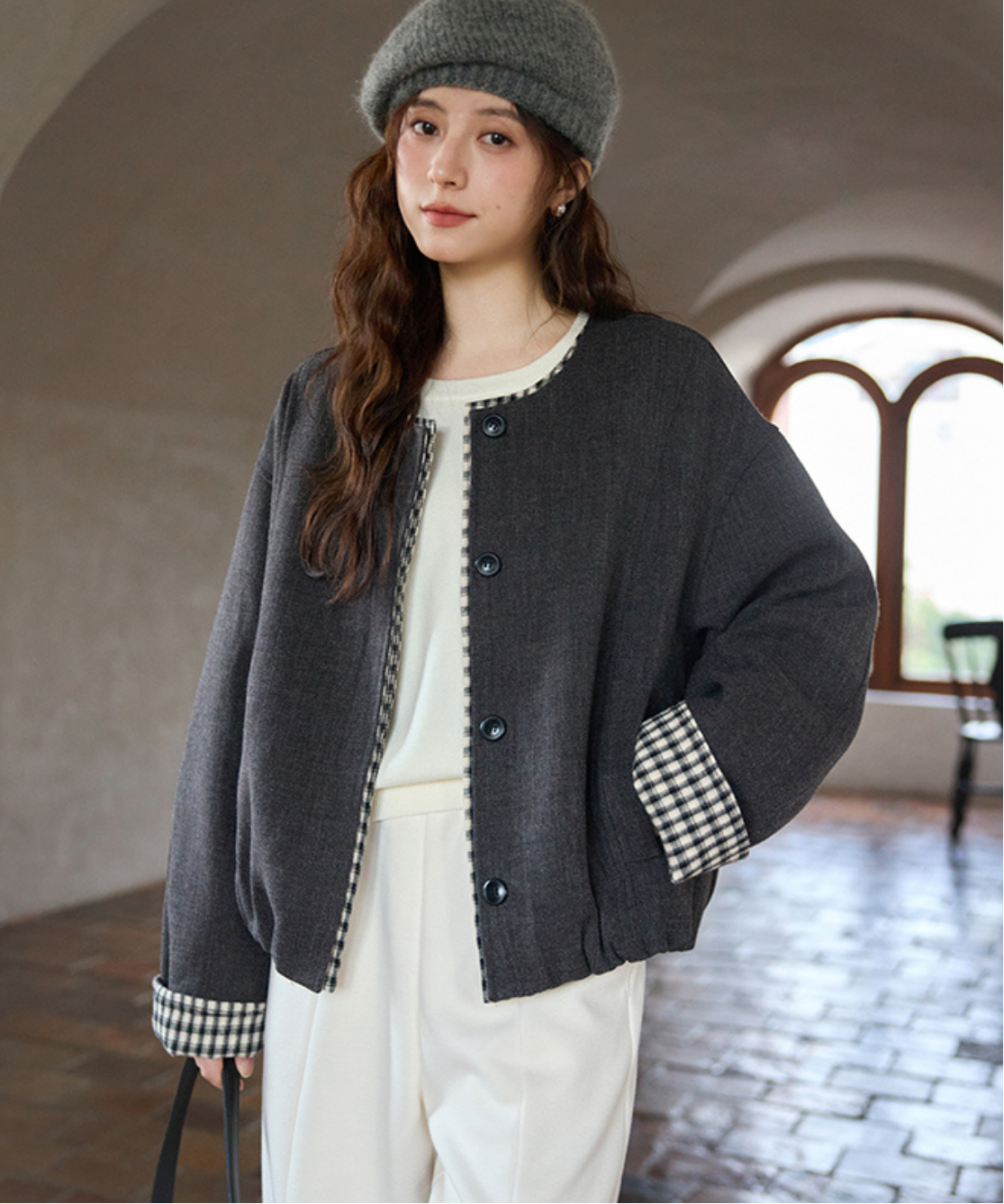 ギンガム切替ノーカラーショートジャケット