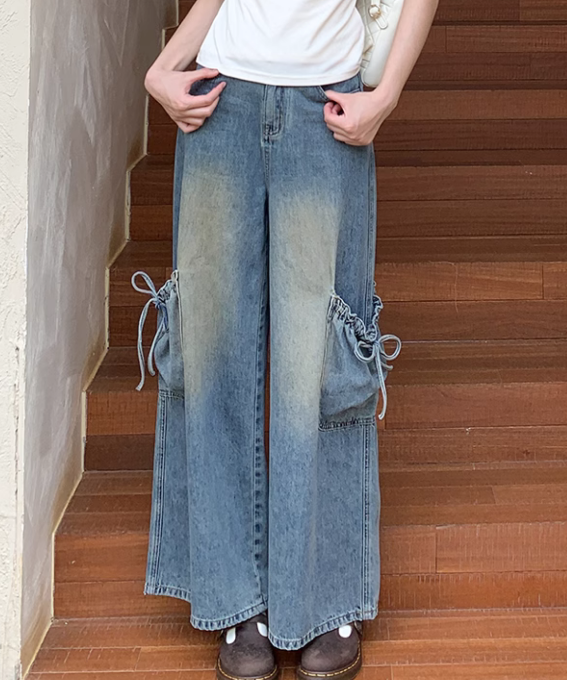ドローストリング付きカーゴポケットワイドデニムパンツ