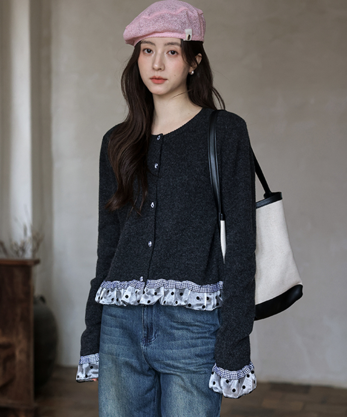 ドットチュールギンガムチェックフリルカーディガン