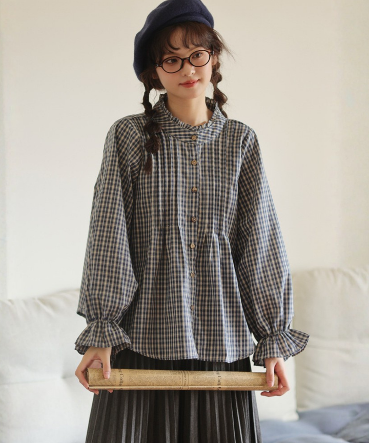 フリルスタンドカラーギンガムチェックブラウス – jemiremi（ジェミレミ）