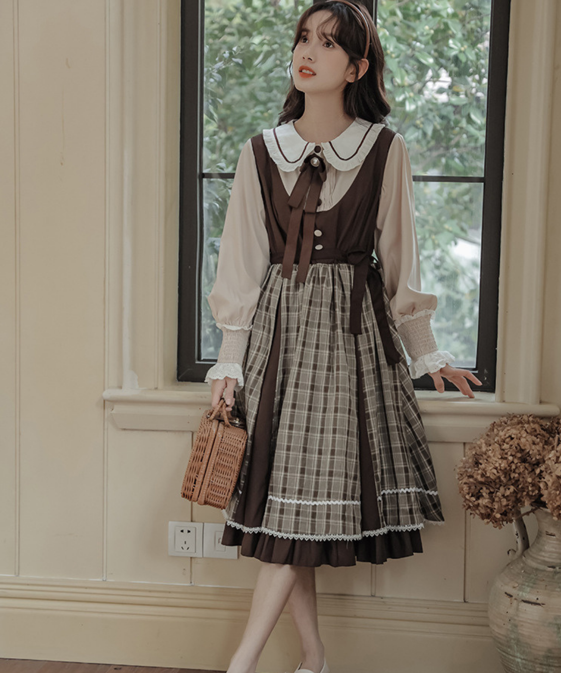 パイピング襟リボン付きチェック切り替えフェイクレイヤードワンピース