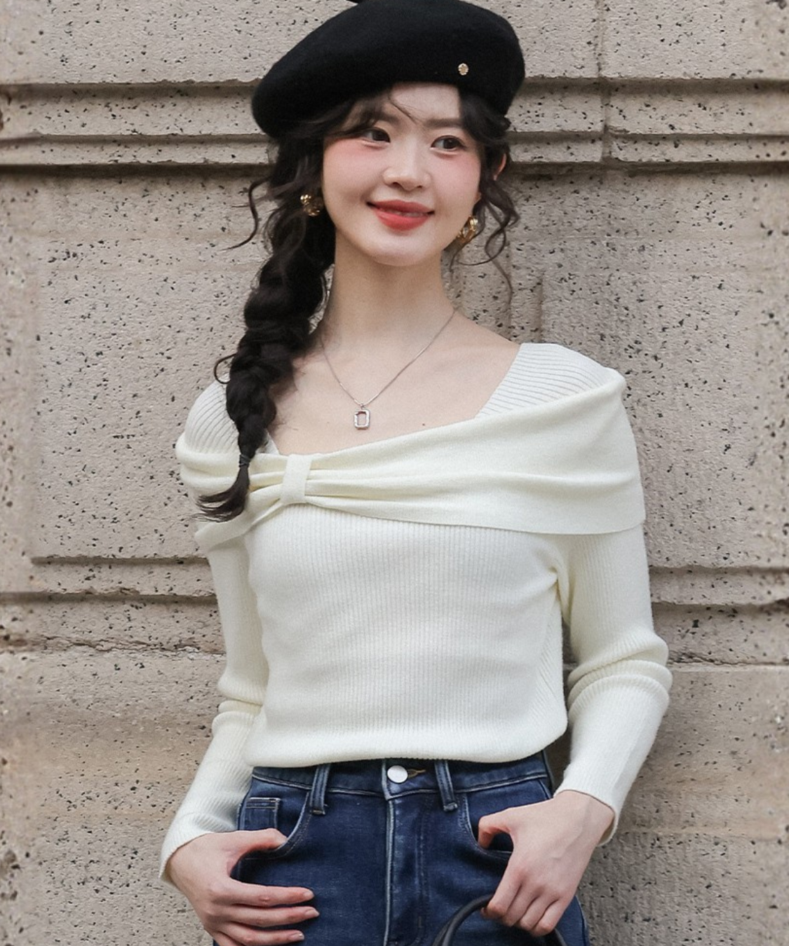 オフショルダービッグリボン風リブトップス