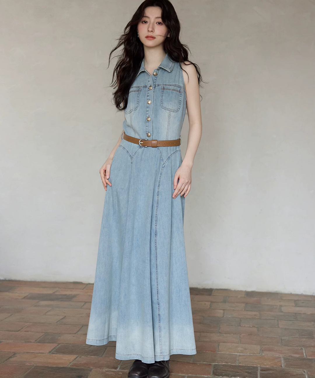 極美品✨エムズグレイシー ロングワンピース デニム ベルト カメリア フリル L デニムノースリーブシャツロングワンピース – jemiremi（ジェミレミ）