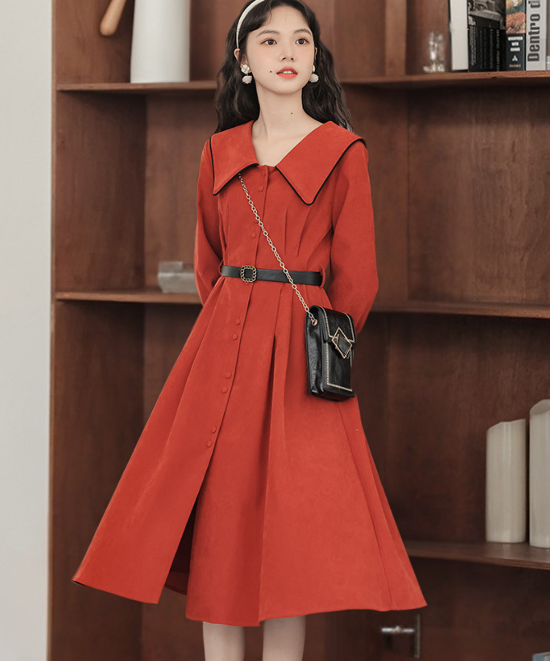 配色セーラーカラーフロントボタンフレアワンピース