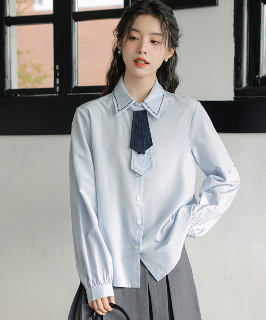 ステッチカラーリボンタイシャツブラウス