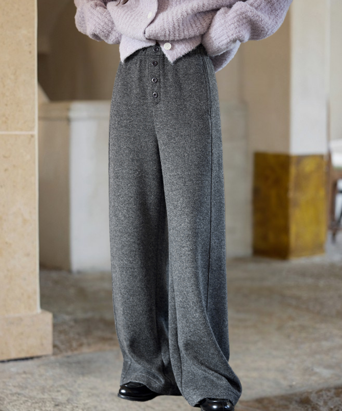 フロントボタンニットワイドパンツ