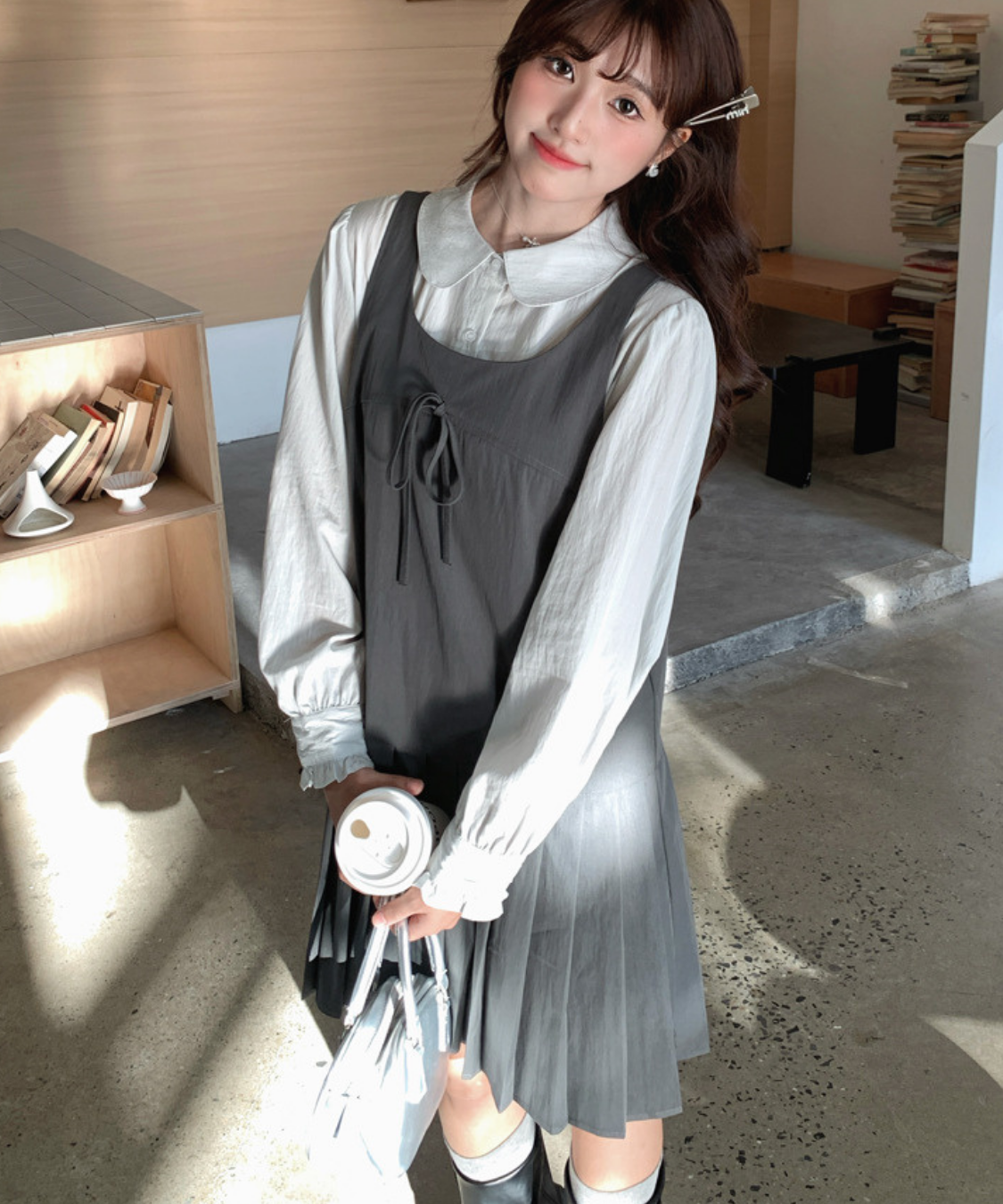 リボン付きプリーツ切替ワンピース