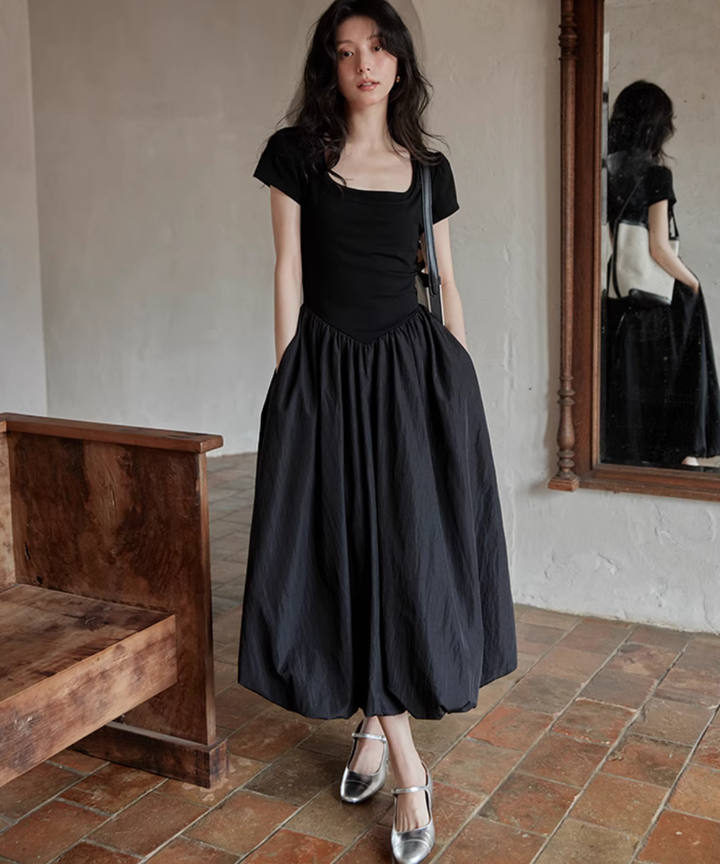 AVENCHUMU バルーンスカートワンピース 異素材切り替えバルーンスカートワンピース – jemiremi（ジェミレミ）