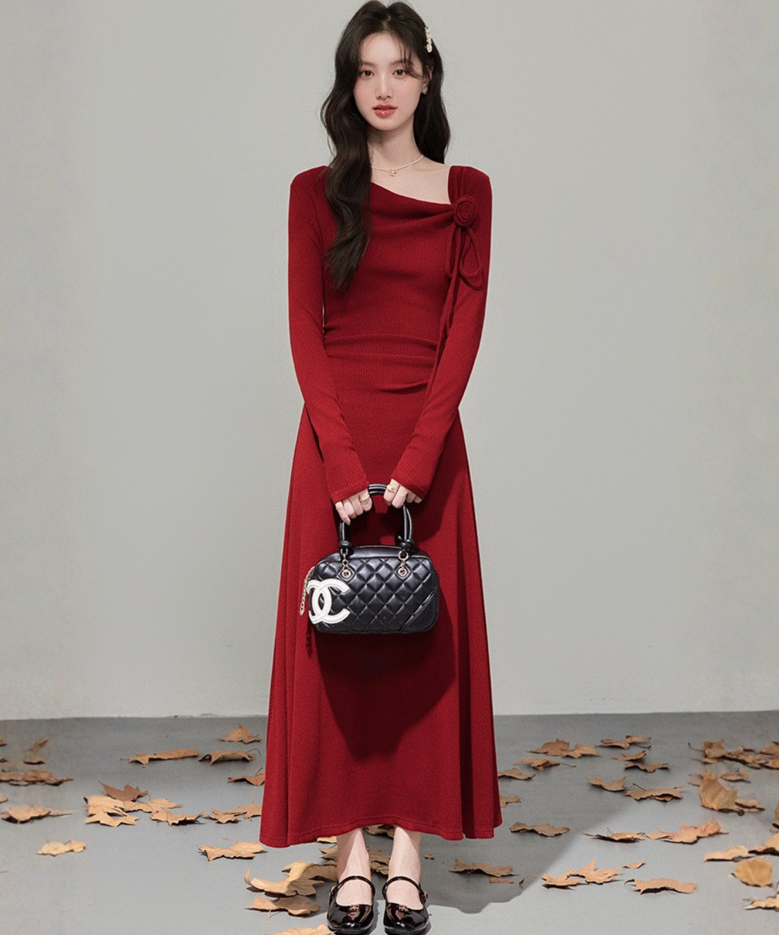 フラワーモチーフリボンリブニットワンピース