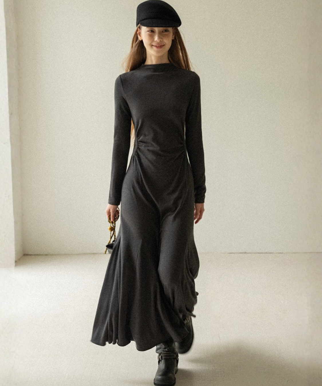 モックネックウエストドレープマーメイドワンピース