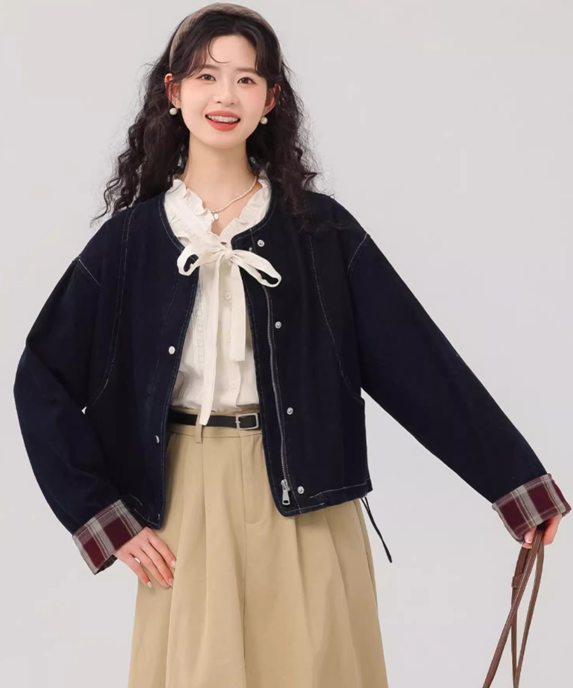 ノーカラーステッチデニムジャケット