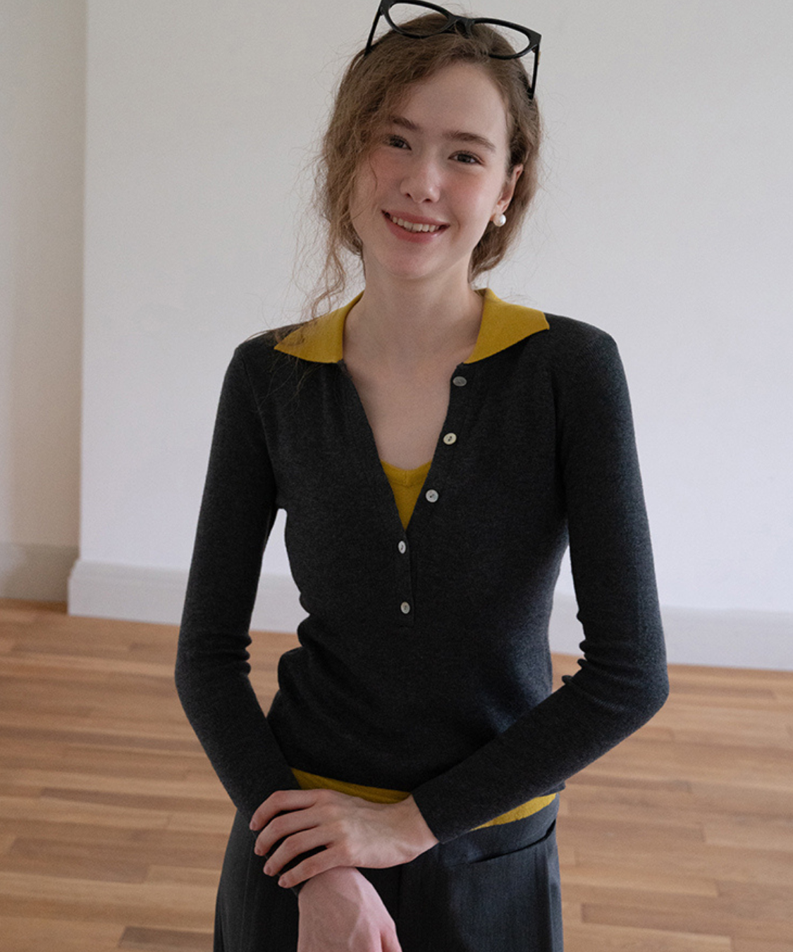 配色レイヤード風ポロカラーニットトップス