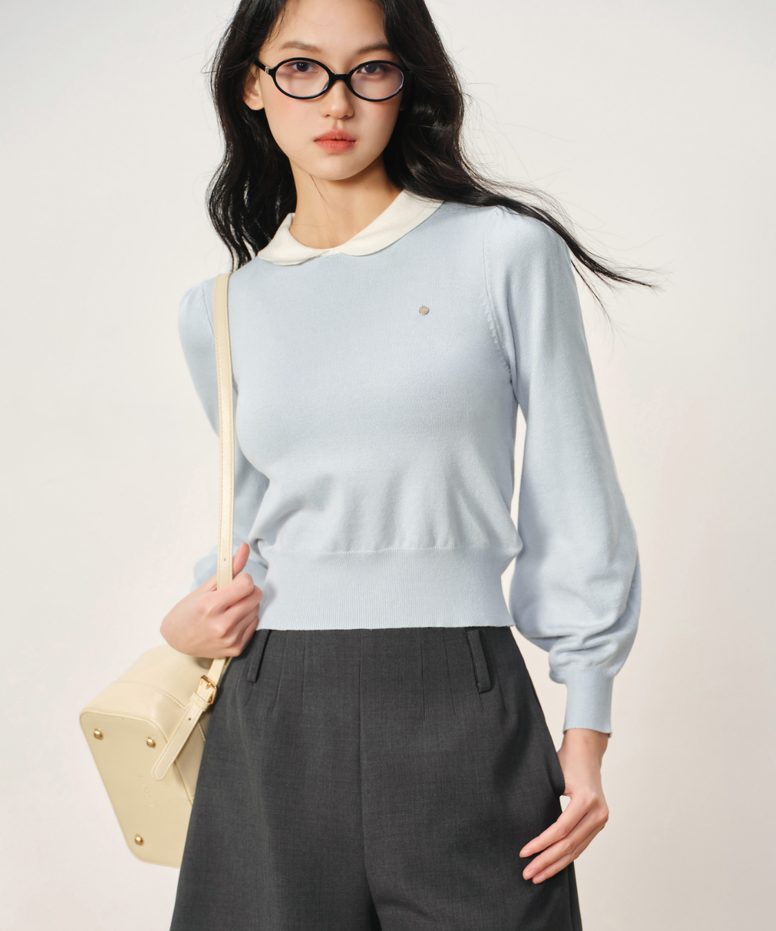 配色ラウンドカラーリブパフニット