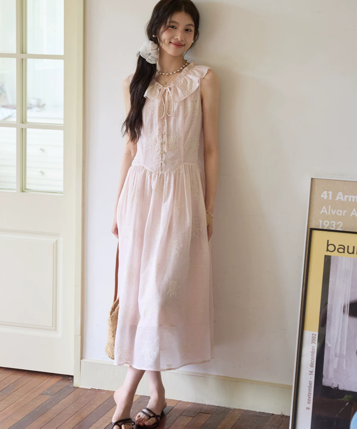 フリルカラー花柄刺繍ノースリーブワンピース – jemiremi（ジェミレミ）
