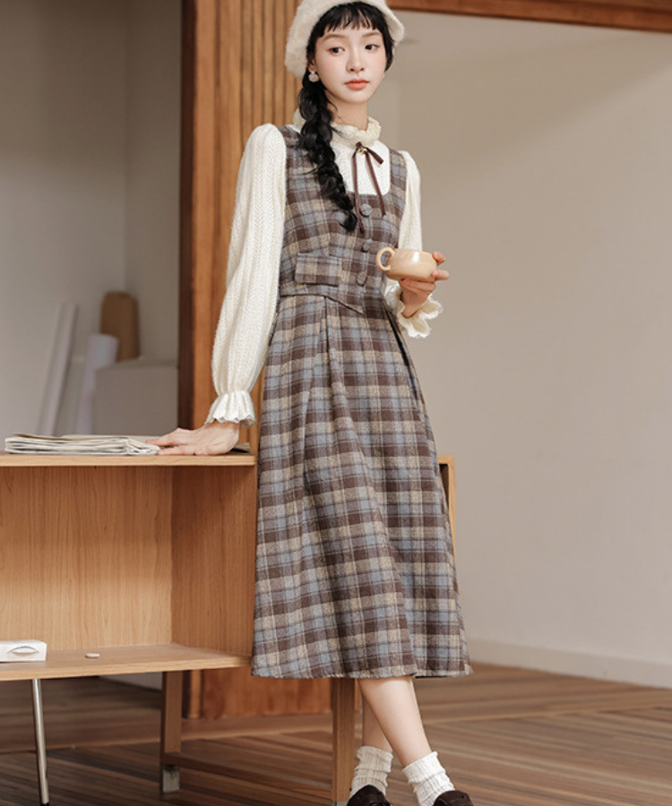 フリルハイネックチェック柄フェイクレイヤードワンピース