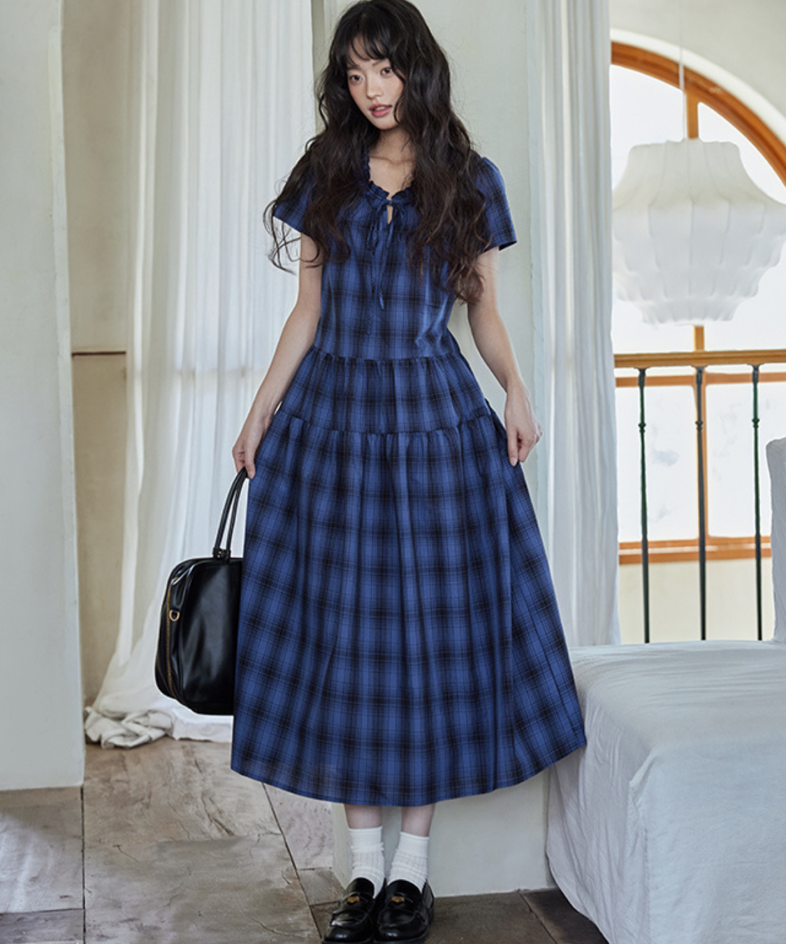チェック柄ギャザーフリルネックティアードワンピース