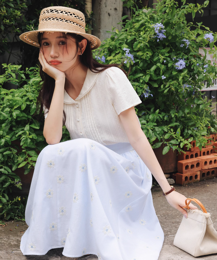 フロントボタン小花柄ミモレスカート