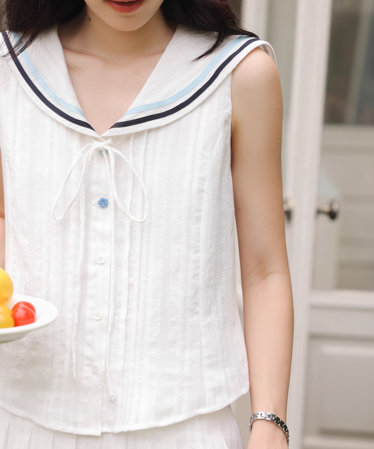 配色ラインセーラーカラーノースリーブブラウス（セットアップ可