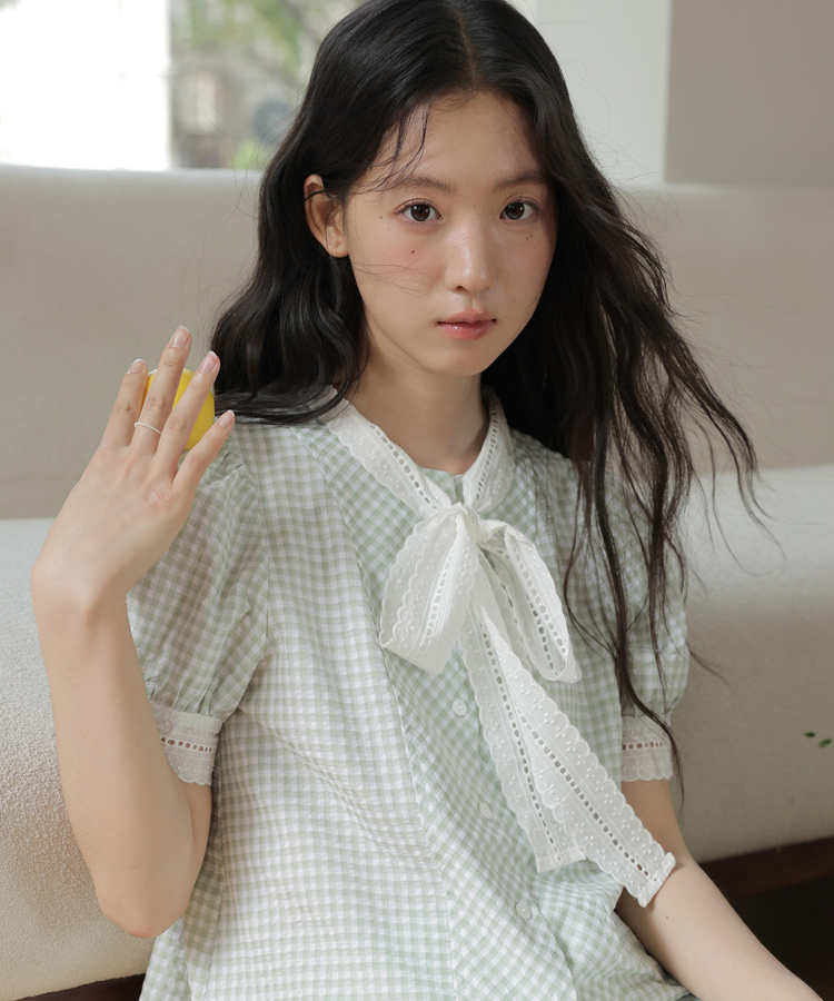 Gingham Check Lace Tie Puff Sleeve Blouse – jemiremi（ジェミレミ）