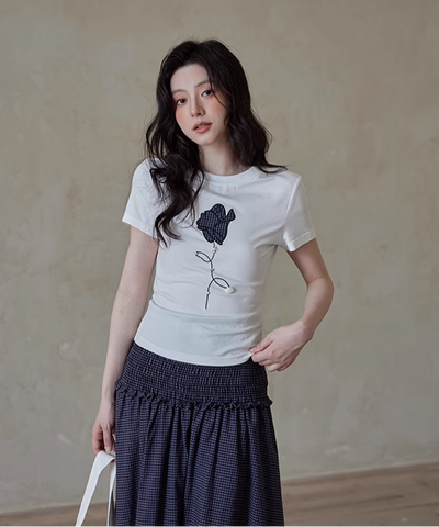 ワンポイントチェックフラワープリントTシャツ