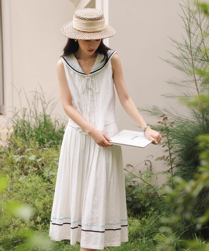 配色ラインセーラーカラーノースリーブブラウス（セットアップ可