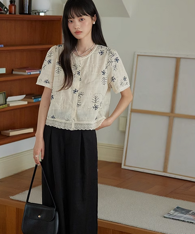 フラワー刺繍スカラップレースブラウス