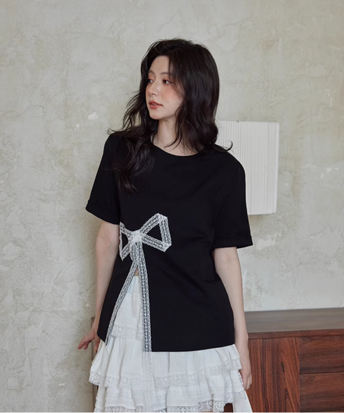 クルーネック半袖レースリボンサイドスリットTシャツ