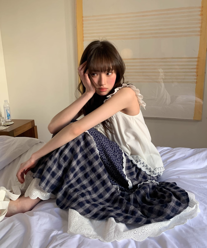 小花柄切り替えチェックレーススカート – jemiremi（ジェミレミ）