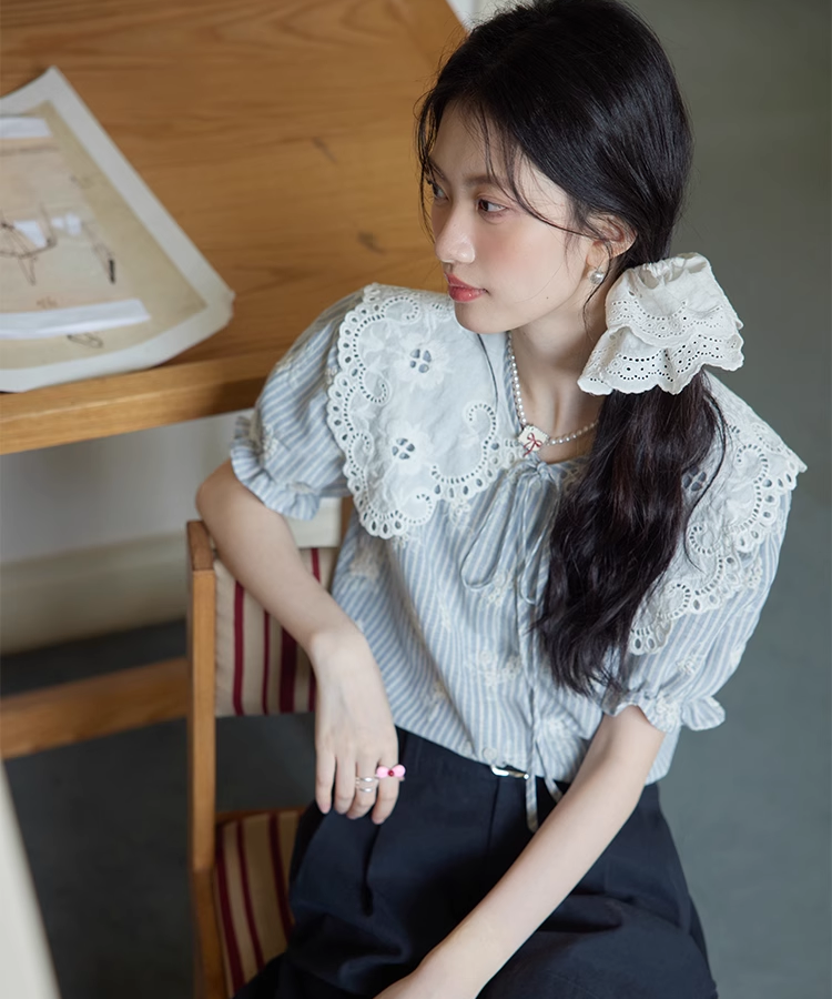 スカラップレースビッグカラーストライプ刺繍ブラウス