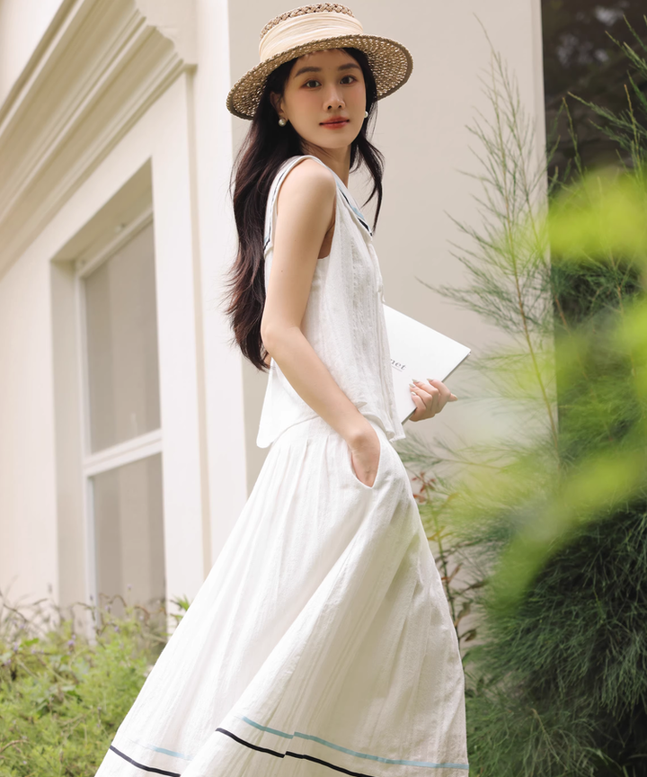 配色ラインセーラーカラーノースリーブブラウス（セットアップ可