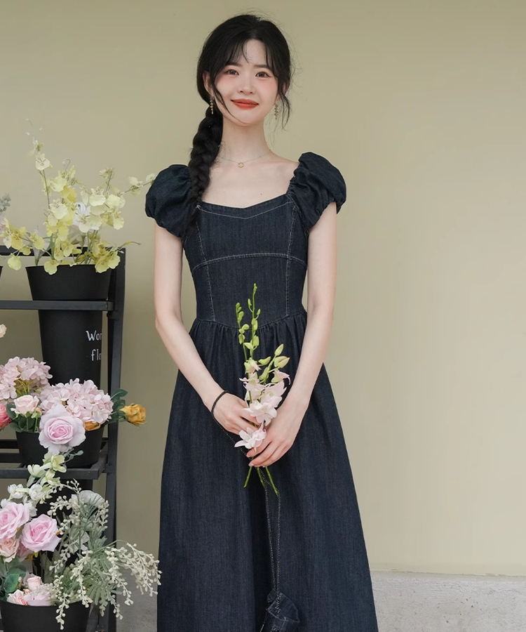 パフスリーブウエスト切り替えデニムワンピース