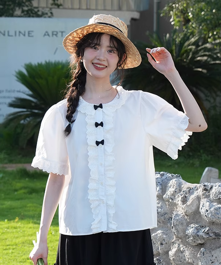 ♡ c0miproducts ♡ 半袖ビッグシャツ リボン フリル レース | ヤマダ 